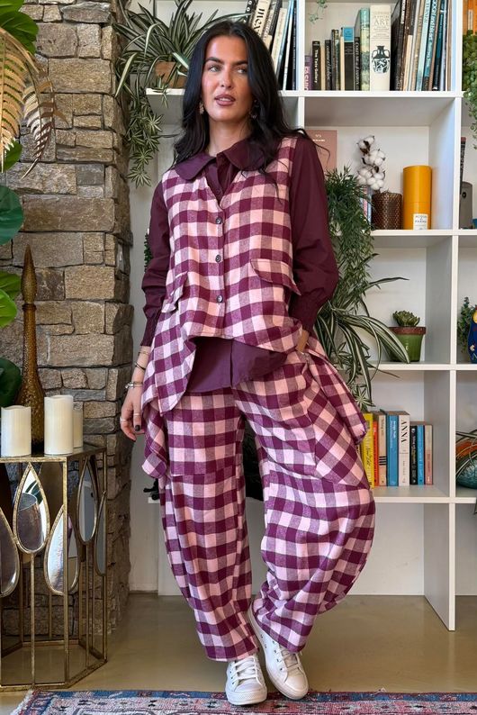Nora Brushed Cotton Gingham Classic Barrel Pant Aubergine